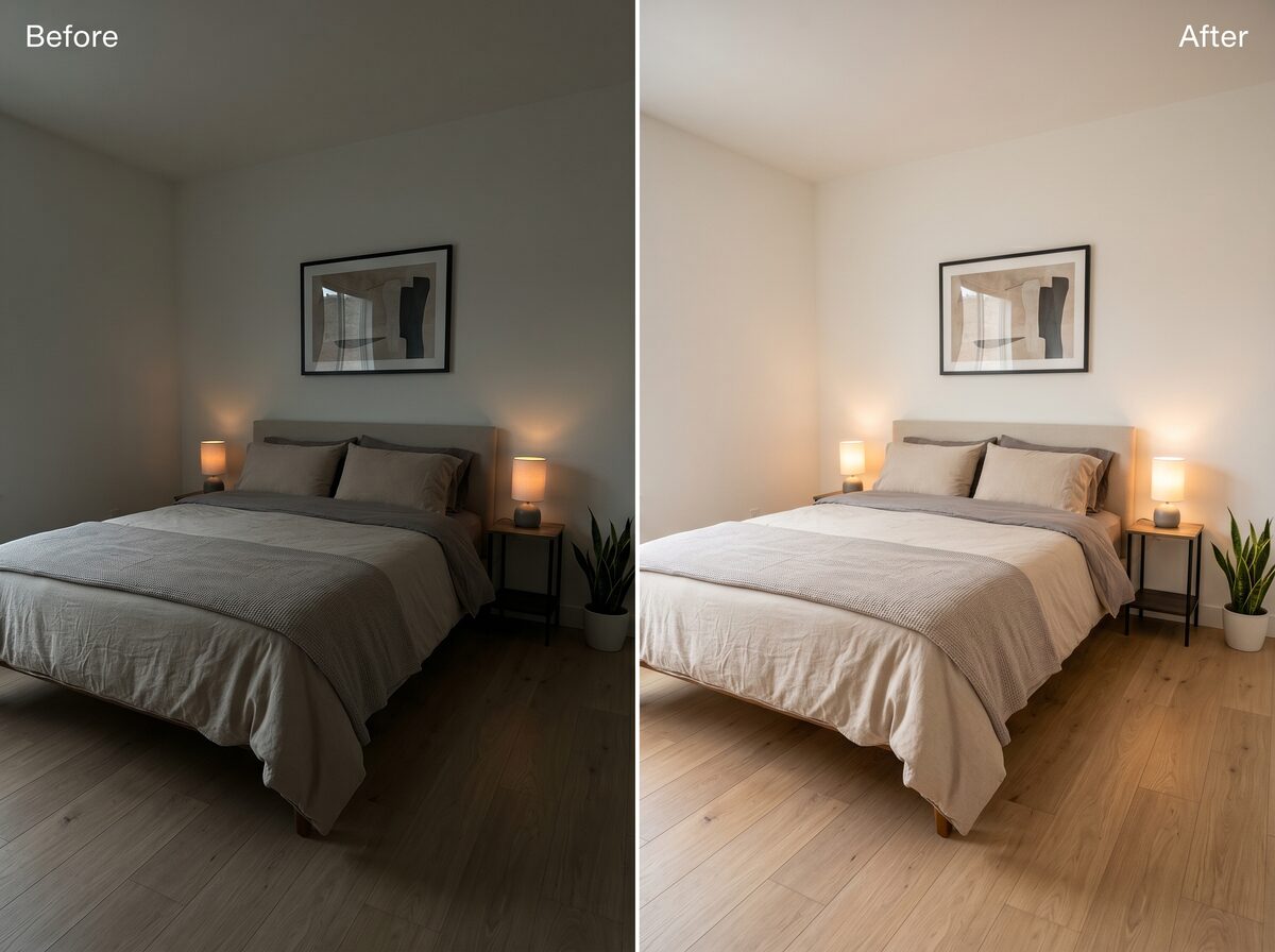 Before / after of a bedroom — left half dim and yellow, right half warm and bright