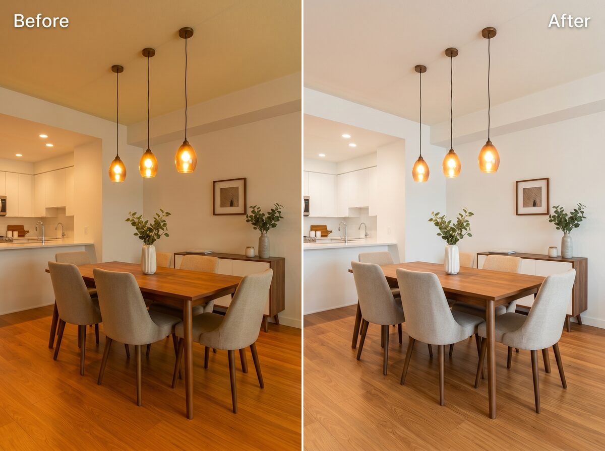 Before / after of a dining room — left half with a heavy orange tungsten cast, right half with neutral white balance