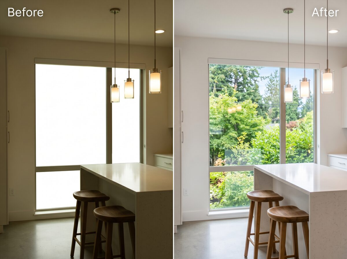 Before / after of a kitchen — left half with a blown-out white window, right half showing the garden view through it