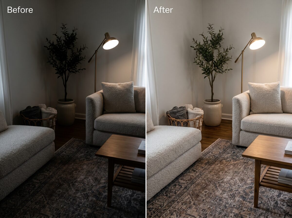 Before / after of a living room corner — left half with crushed shadows, right half with recovered texture in the sofa and rug